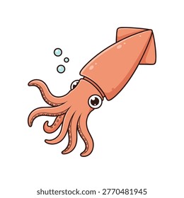 A charming cartoon of a cheerful orange squid with large, expressive eyes and a wide smile. Its body is a vibrant shade of orange, tapering to a pointed mantle, with several curly tentacles extending downwards. Small, light blue bubbles float near its head, suggesting an underwater environment. The is rendered in a simple, stylized style, isolated on a white background, making it versatile for various purposes. The overall mood is playful and friendly.