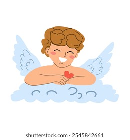 Charming cartoon cherub with wings holding a heart on a cloud.