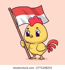 A charming cartoon chick with big eyes and a red comb proudly holds a flag of Indonesia on a wooden pole.
