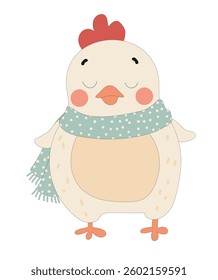 A charming cartoon chicken wearing a polka-dot scarf, illustrated in soft pastel colors.
