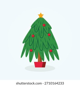 Charming cartoon Christmas tree in red pot with yellow star, red ornaments, and wavy branches in flat style. Great for holiday posters, shirts, stickers, social posts, and branding.
