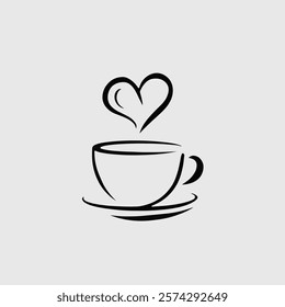 A charming cartoon coffee cup with big, round eyes and a warm smile. Steam rises from the cup, forming a perfect heart shape, adding a cozy and loving vibe