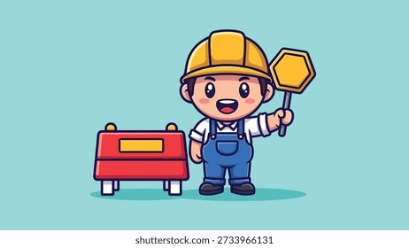 Ein charmanter Cartoon-Bauarbeiter in Overalls und einem harten Hut steht neben einer roten Barriere und hält ein Stoppschild.