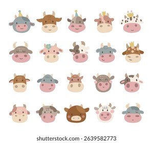 Charming cartoon cow face set created for and scandinavian style with cute animal friendly character head for yours illustration and creative designs projects