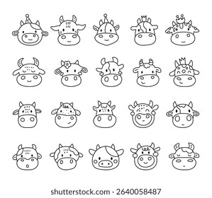 Charming cartoon cow face set created for and outline line art with cute animal friendly character head for yours illustration and creative designs projects