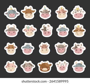 Charming cartoon cow face set created for and scandinavian style with cute animal friendly character head for yours illustration and creative designs projects