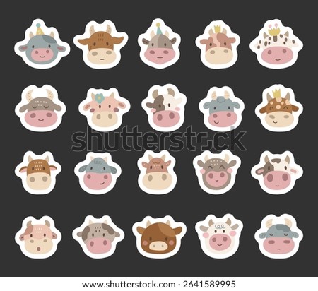 Charming cartoon cow face set created for and scandinavian style with cute animal friendly character head for yours illustration and creative designs projects