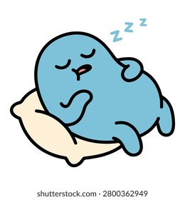 Charming cartoon creature resting comfortably on a cushion conveying tranquility and rest. Ideal for wellness sleep or relaxation themes.