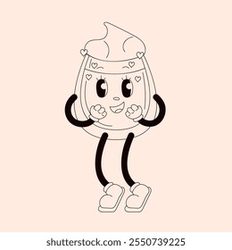 Charming cartoon cup character with whipped cream and hearts for Valentines day. Perfect for retro, groovy and playful design in line art style.