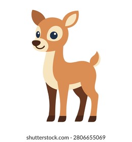 A charming cartoon deer with big blue eyes and a smile stands alone in a plain white background
