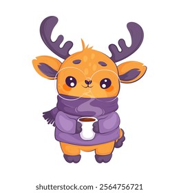 Charming cartoon deer wearing a purple scarf and sweater, holding a steaming cup of coffee, perfect for winter themes. Cartoon Deer with Antlers Holding Coffee