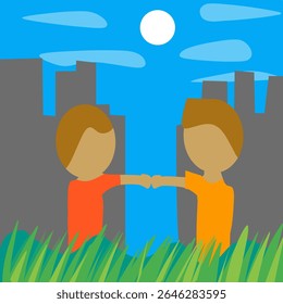 A charming cartoon depicts two friends holding hands in a grassy park, with a city skyline and bright moon under a clear blue sky, evoking warmth and companionship.