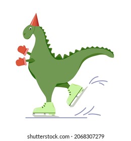 A charming cartoon dinosaur skating isolated on a white background.Vector illustration.It can be used in children's textiles, postcards, packages.