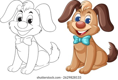 Charming cartoon dog with a blue bow tie, featuring vibrant colors and a cheerful expression. Includes both colored and outline versions