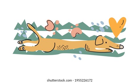 Charming cartoon dog character dog lying on the grass with doodle elements isolated on white background. 
Cute hand drawn vector illustration. Childish t shirt print design.