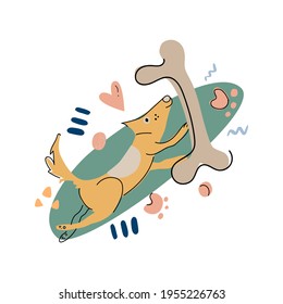Charming cartoon dog character lying near the big bone; doodle elements isolated on white background. 
Cute hand drawn vector illustration. Childish t shirt print design.