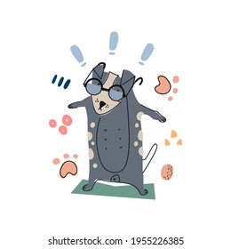 Charming cartoon dog character standing in glasses; grass, doodle elements isolated on white background. 
Cute hand drawn vector illustration. Childish t shirt print design.