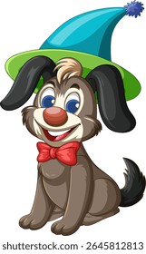 Charming cartoon dog with a colorful clown hat and bow tie. Bright colors and cheerful expression enhance its playful appeal