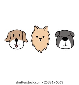 Charming Cartoon Dog Head Set with Three Unique Colors and Rounded Design, Ideal for Children’s Art and Kids’ Graphics on White Background