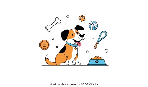 Charming cartoon dog illustration playing with toys and eating from a bowl
