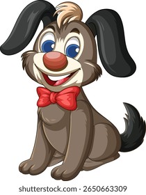 Charming cartoon dog illustration with a red bow tie, featuring vibrant colors and a cheerful expression in a vector style