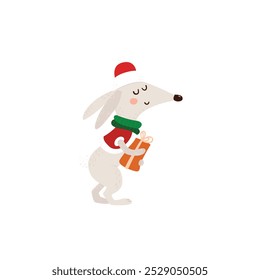 Charming cartoon dog wearing a Santa hat and scarf, carrying a wrapped present, perfect for festive holiday designs and decor.