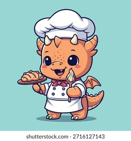 Un encantador dragón de dibujos animados vestido de chef, con sombrero y uniforme de chef, sosteniendo una hogaza de pan recién horneada y una herramienta de pastelería.