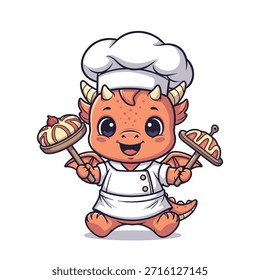 Un encantador dragón de dibujos animados vestido de chef, sosteniendo dos deliciosos pasteles.