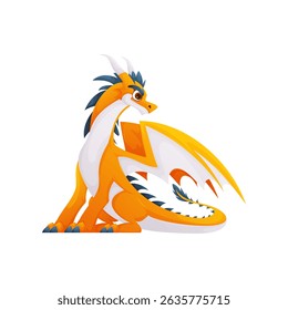 A charming cartoon dragon sits gracefully, showcasing vibrant orange hues and delicate white wings. This friendly creature sparks joy and imagination.