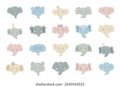 Charming cartoon elephant face set created for and scandinavian style with cute animal friendly character head for yours illustration and creative designs projects