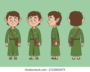 A charming cartoon elf character shown from front, back, and side views, wearing a green tunic and carrying a satchel.