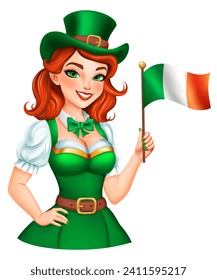 Encantadora chica elfo de caricatura con el pelo rojo vestido con ropa nacional: vestido verde y sombrero, con una bandera irlandesa en la mano. Ilustración para celebrar el Día de San Patricio, aislado de fondo blanco