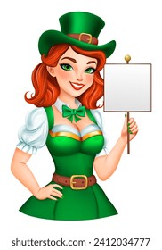 Charming cartoon elf girl with red hair in Irish national clothes: green dress and hat, holding a blank banner on wooden stick. Illustration for St. Patrick's Day, isolated on white background