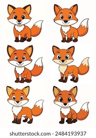 Charming Cartoon Foxes in Various Actions: A Delightful Flat Vector Illustration Set