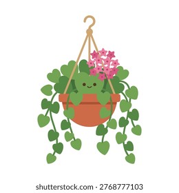 A charming cartoon frog peeking out of a terracotta pot filled with lush green leaves and pink flowers, with vines trailing down.