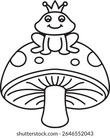 A charming cartoon frog wearing a crown sits atop a spotted mushroom. This delightful illustration, isolated on a white background, is perfect for children's books or whimsical designs.