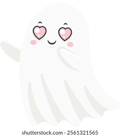 Charming cartoon ghost character waving and smiling with hearts in its eyes, radiating joy and affection, ideal for Halloween or Valentine s Day themed projects