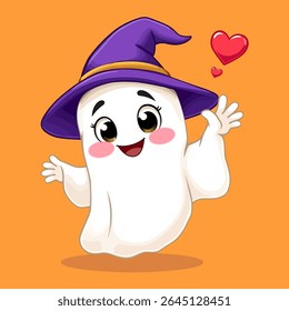 Charming Cartoon Ghost Character in Witch Hat with Hearts an Adorable Halloween Illustration for Kids and Festive Occasions