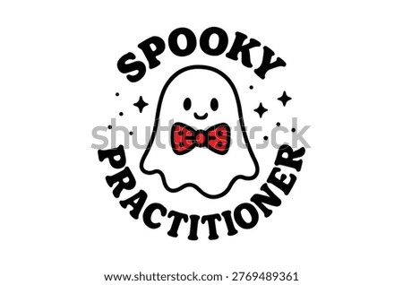 A charming cartoon ghost with a red bow tie is featured in a playful, Halloween-themed illustration.