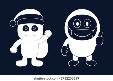 Charmante Cartoon-Geister mit festlichen Wintermützen und schützenden Gesichtsmasken, einzeln auf dunklem Hintergrund, perfekt für Urlaubsdesigns.