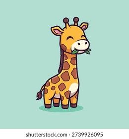A charming cartoon giraffe with a happy expression, munching on green leaves, set against a simple background.