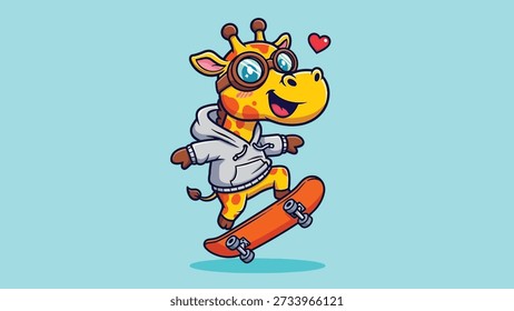 Una encantadora jirafa de dibujos animados, que luce una sudadera con capucha fresca y gafas elegantes, monta alegremente un monopatín, que emana un ambiente juguetón y enérgico.