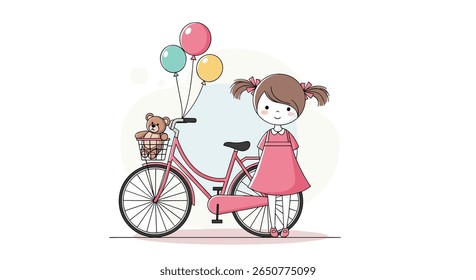 Charming cartoon girl with bicycle and colorful balloons enjoying a happy day