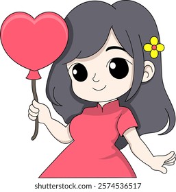 A charming cartoon girl with black hair, wearing a red traditional Chinese dress and holding a heart shaped balloon, symbolizing love and celebration