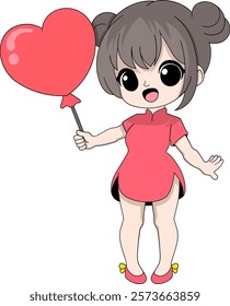 A charming cartoon girl with twin buns in her hair and a red dress is holding a heart-shaped balloon and smiling brightly