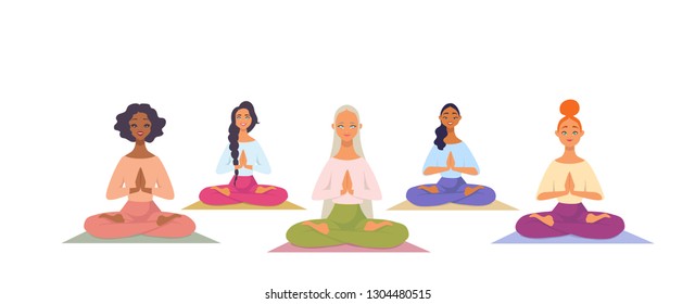 Charming cartoon girls in yoga lotus practices meditation. Practice of yoga. Vector illustration. Youngs and happy womans meditating