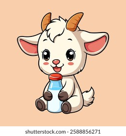 A charming cartoon goat, depicted in a simple, stylized manner, sits and holds a bottle of milk.
