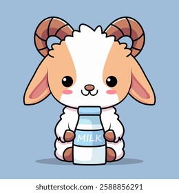 A charming cartoon goat, featuring large, expressive eyes and a friendly expression, holds a carton of milk.