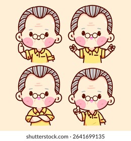 Charming cartoon grandpa in a yellow shirt with round glasses and blushing cheeks, shown in four different expressive poses. Ideal for sticker packs, comics, or elder-themed content.