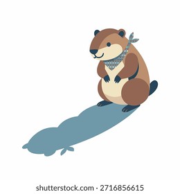 Uma charmosa marmota, vestindo uma bandana estampada, fica de pé e projeta uma longa sombra. Esta ilustração bonitinha e extravagante de uma criatura florestal.